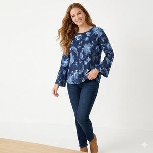 Chico's Blue Floral Paisley Cotton Top Size 4 / XXL Long Bell Sleeve Crew Neck